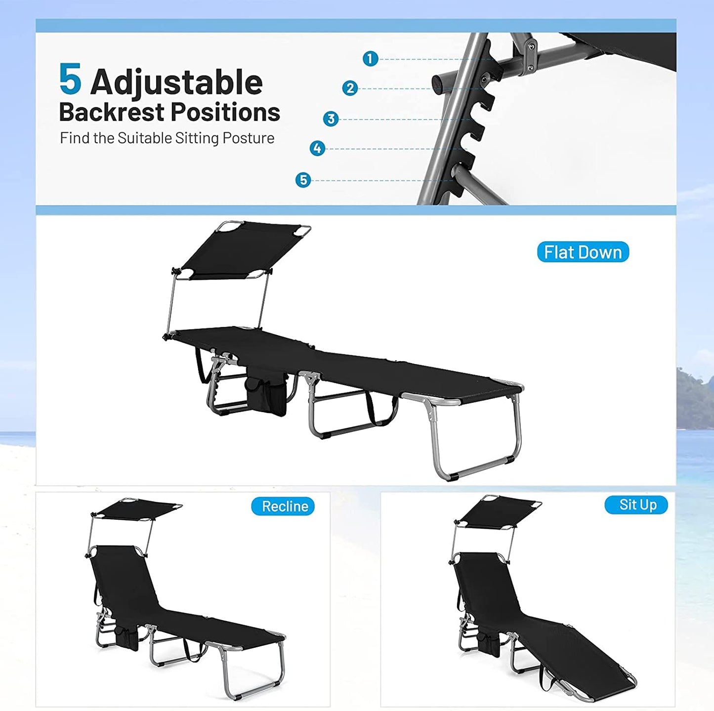 Tangkula Outdoor Folding Chaise Lounge Chair, 5-Fold Reclining Beach Chair