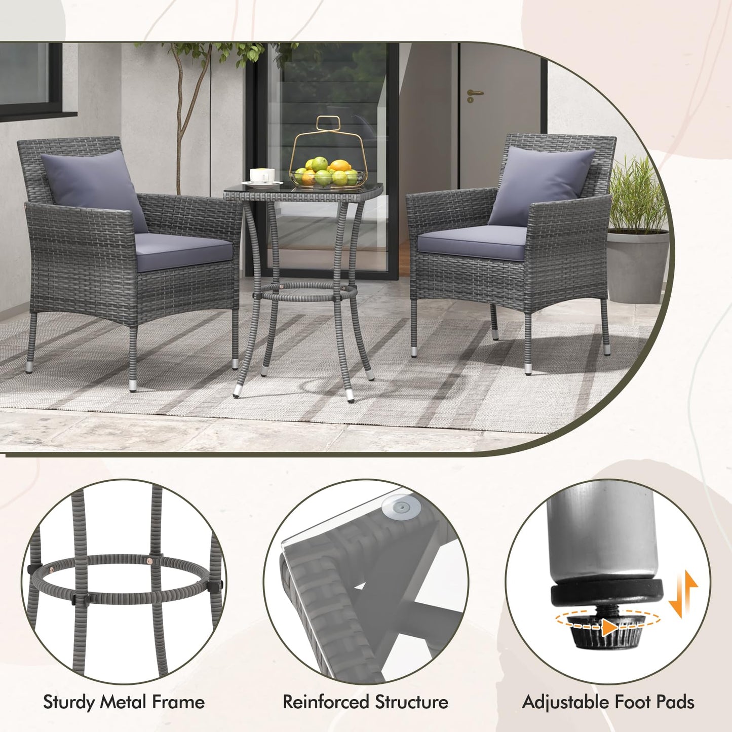 Tangkula 3-Piece Patio Furniture Set w/A Tempered Glass Table & 2 Cushioned Chairs