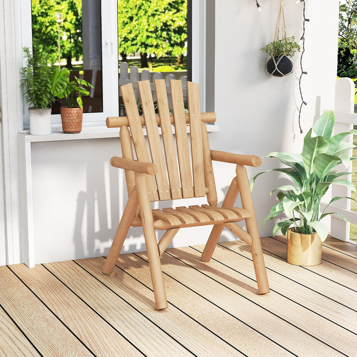 Tangkula Log Wood Patio Chair with Slatted Backrest