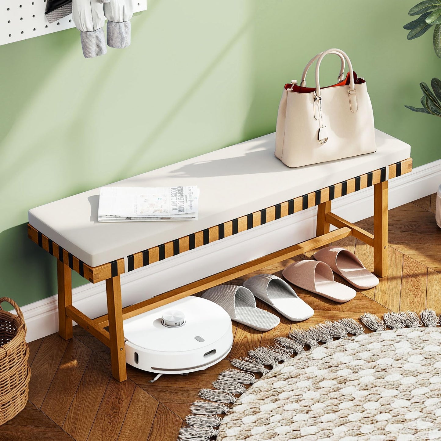 Tangkula Acacia Wood Outdoor Bench with Padded Cushion