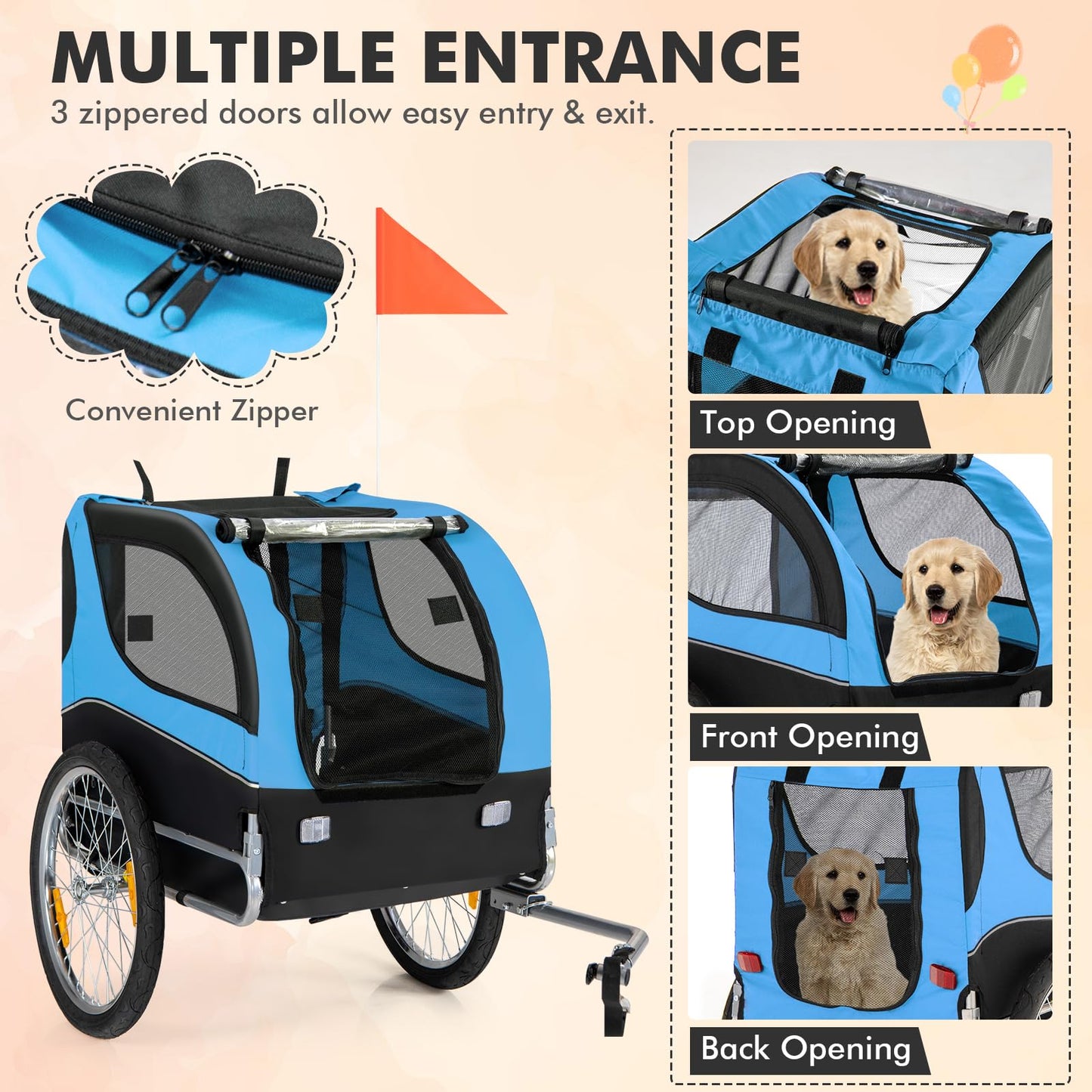 Tangkula Dog Bike Trailer, Breathable Mesh Dog Cart with 3 Entrances, Safety Flag