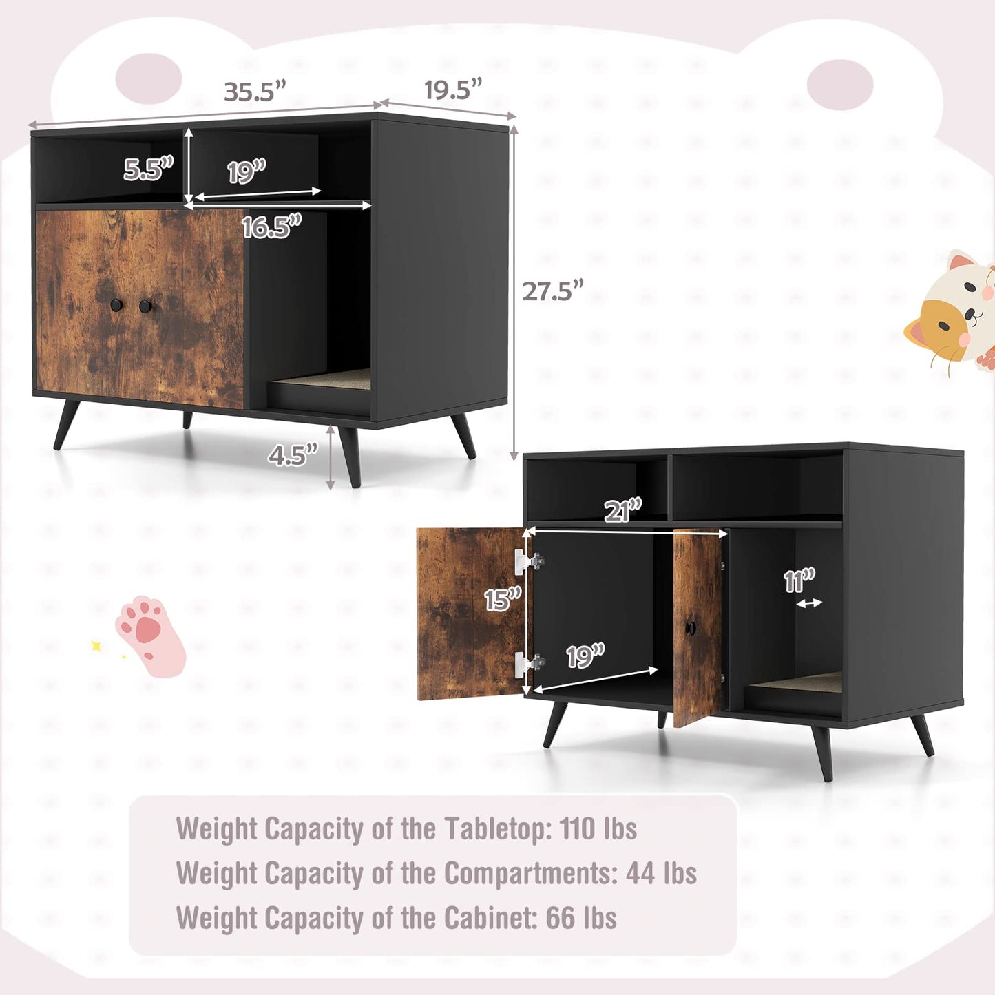 Tangkula Cat Litter Box Enclosure, Hidden Cat Washroom Furniture with Double Door Cabinet