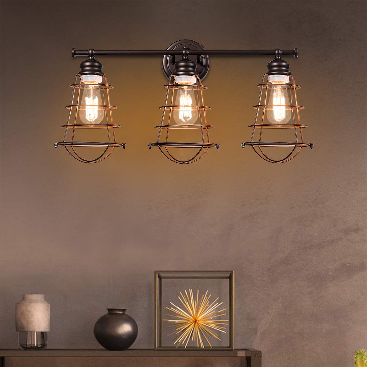 Tangkula 3-Light Vintage Vanity Lights, Industrial Metal Wire Cage Wall Sconces(Black & Golden)