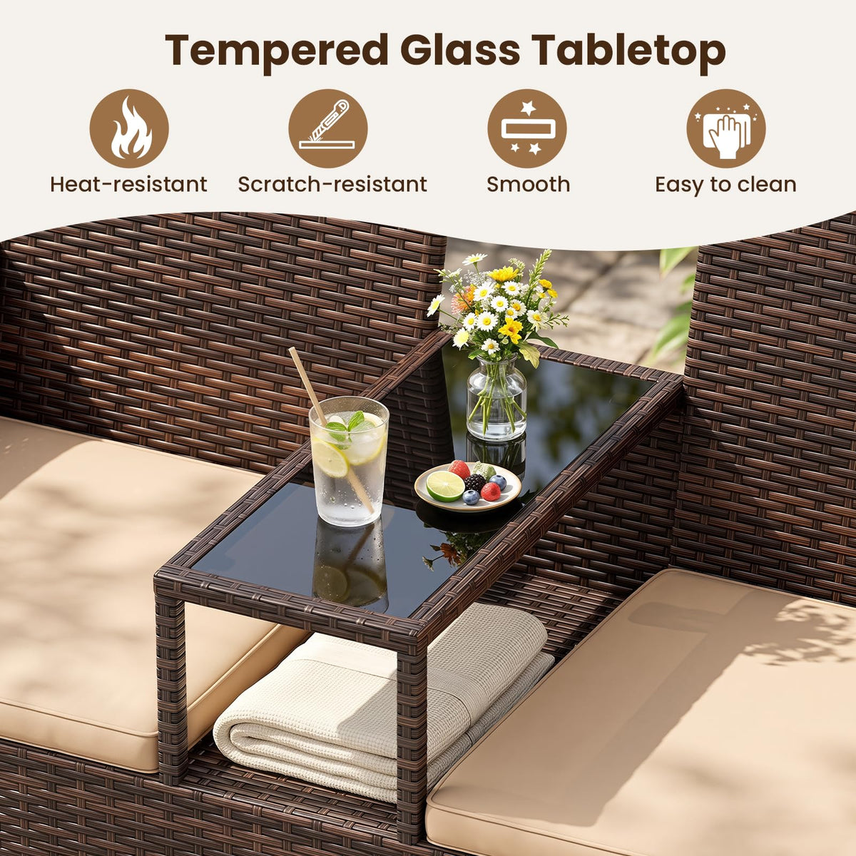 Tangkula Outdoor Loveseat with Built-in Table and Soft Cushions