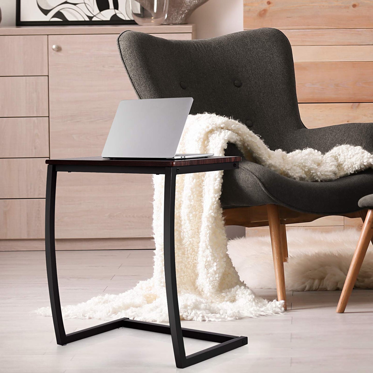 Tangkula C Shaped Couch Side Table with Steel Frame for Bed