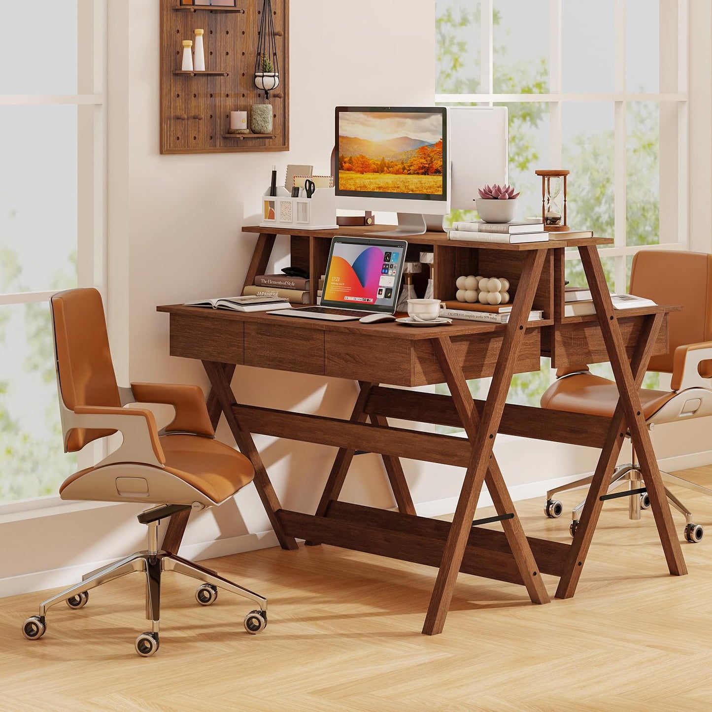 Tangkula Bureau Mid-Century avec 3 Tiroirs de Rangement