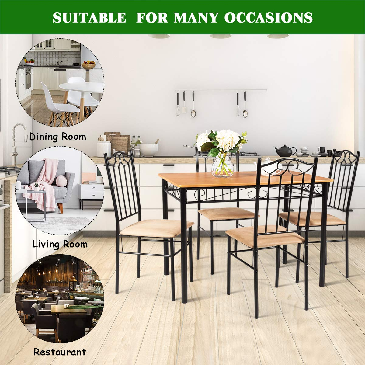 Tangkula 5 Piece Dining Table Set Vintage Wood Top Padded Seat Dining Table and Chairs Set