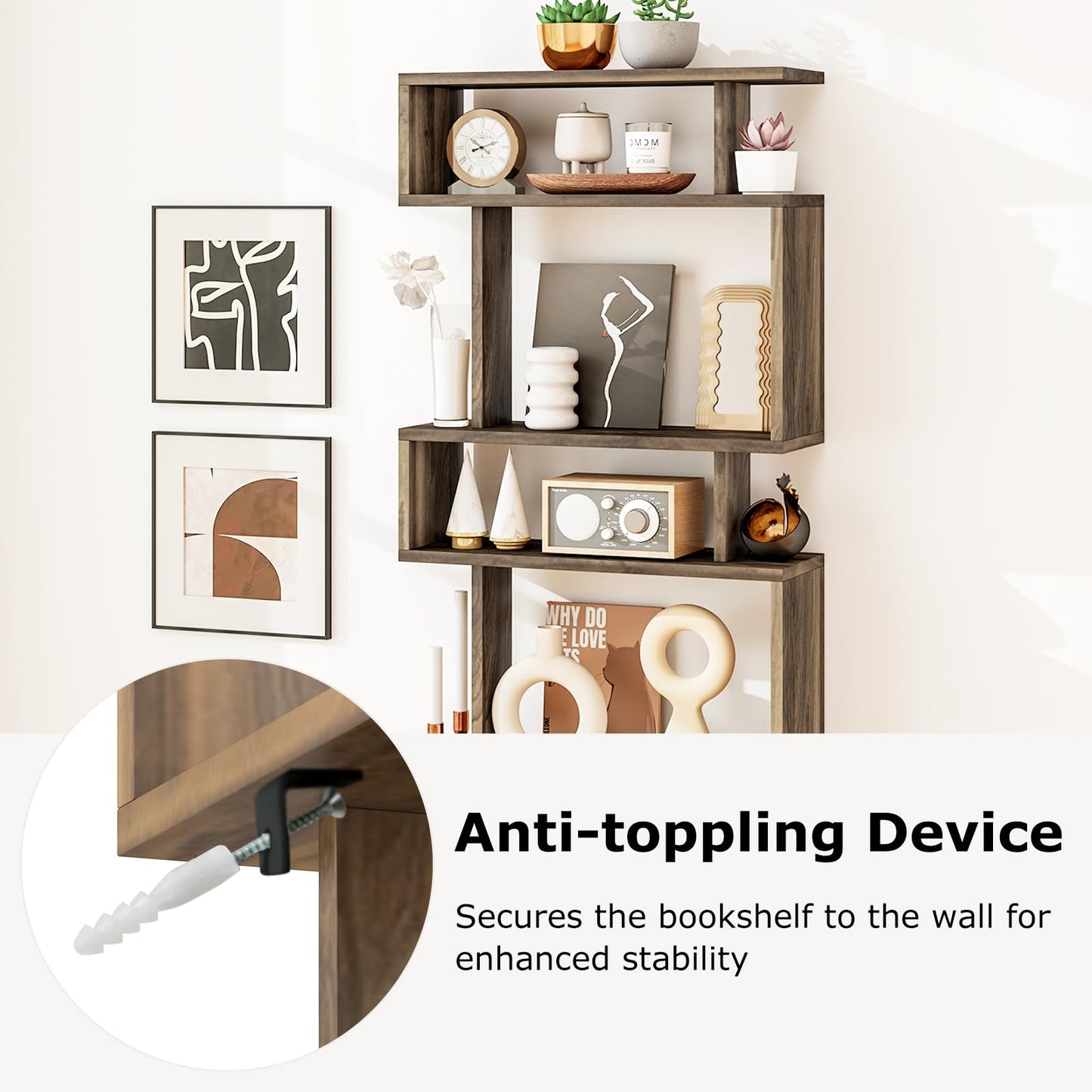Tangkula 64" Tall 6-Tier S Shaped Bookcase with Anti-Tipping Kit