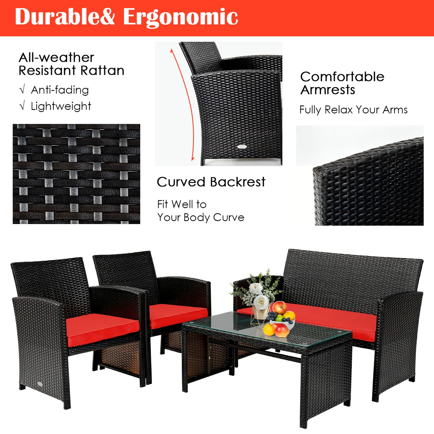 Tangkula 4 Pieces Rattan Furniture Set, Outdoor Conversation Set w/Chair & Loveseat & Tempered Glass Coffee Table