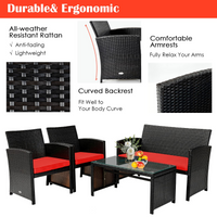 Tangkula 4 Pieces Rattan Furniture Set, Outdoor Conversation Set w/Chair & Loveseat & Tempered Glass Coffee Table