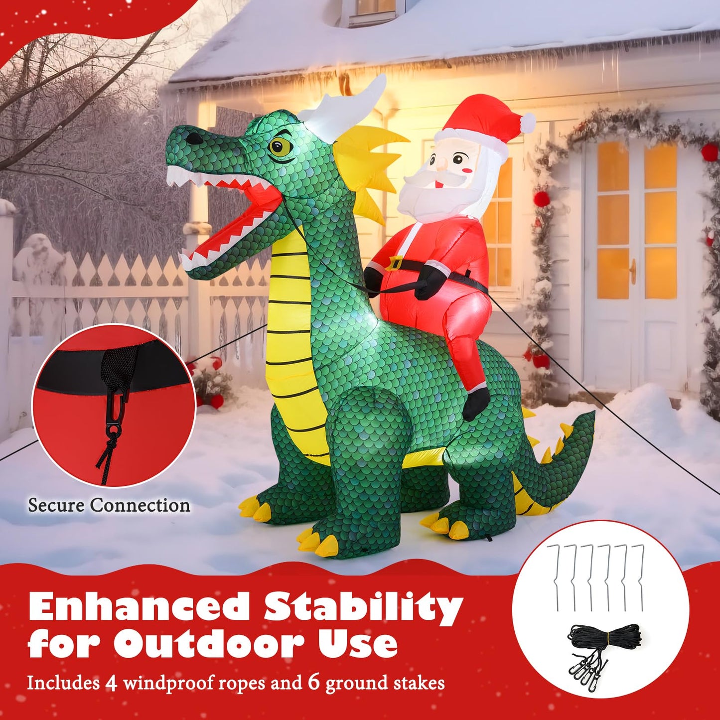 Tangkula 6 FT Christmas Inflatable Santa Claus Ride on Dinosaur