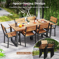 Tangkula Acacia Wood Patio Chairs Set of 6 Outdoor Stackable Dining Chairs with Slatted Seats and Metal Frame