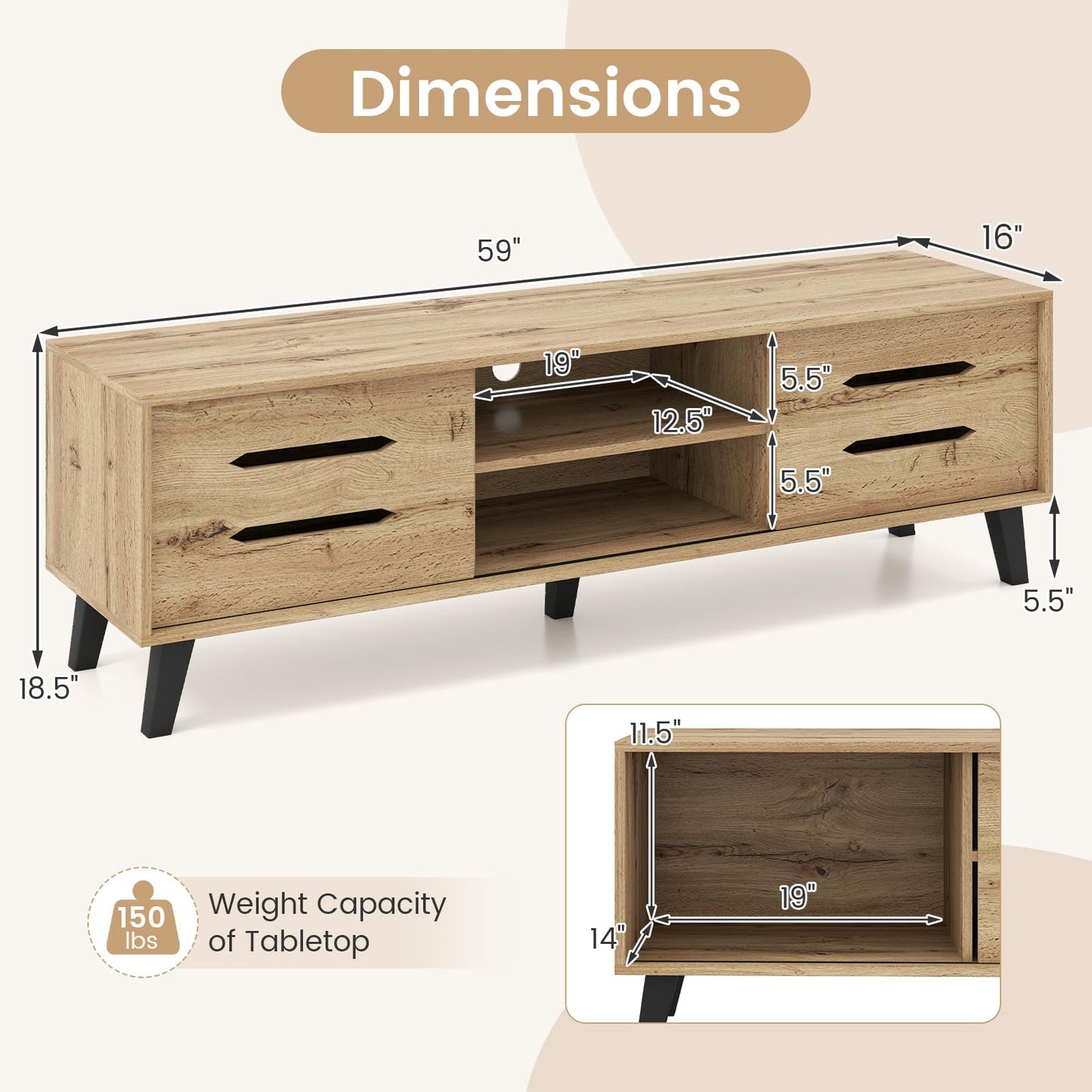Tangkula Mid Century Modern TV Stand with Sliding Doors for 65” TVs