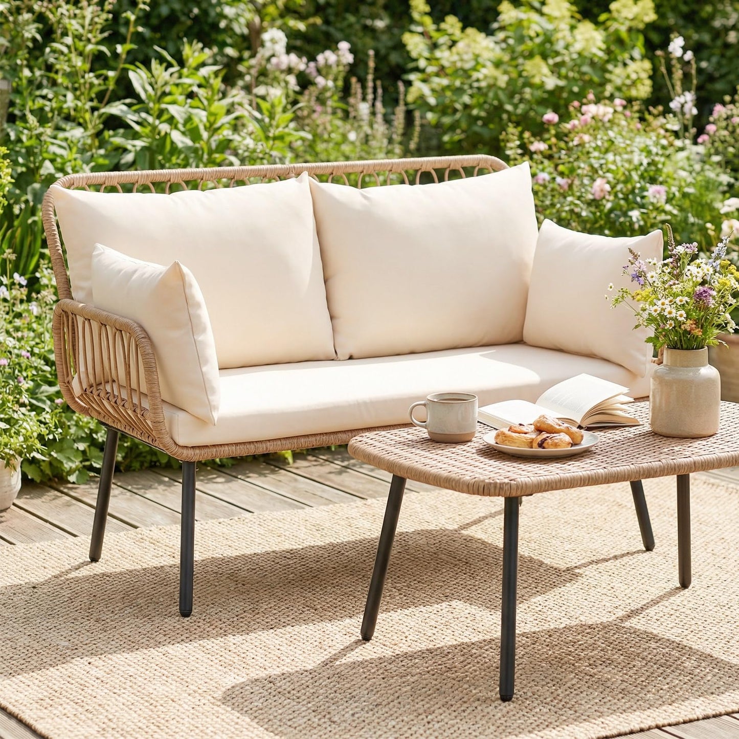 Tangkula Patio Wicker Loveseat Outdoor 2-Seater PE Rattan Sofa