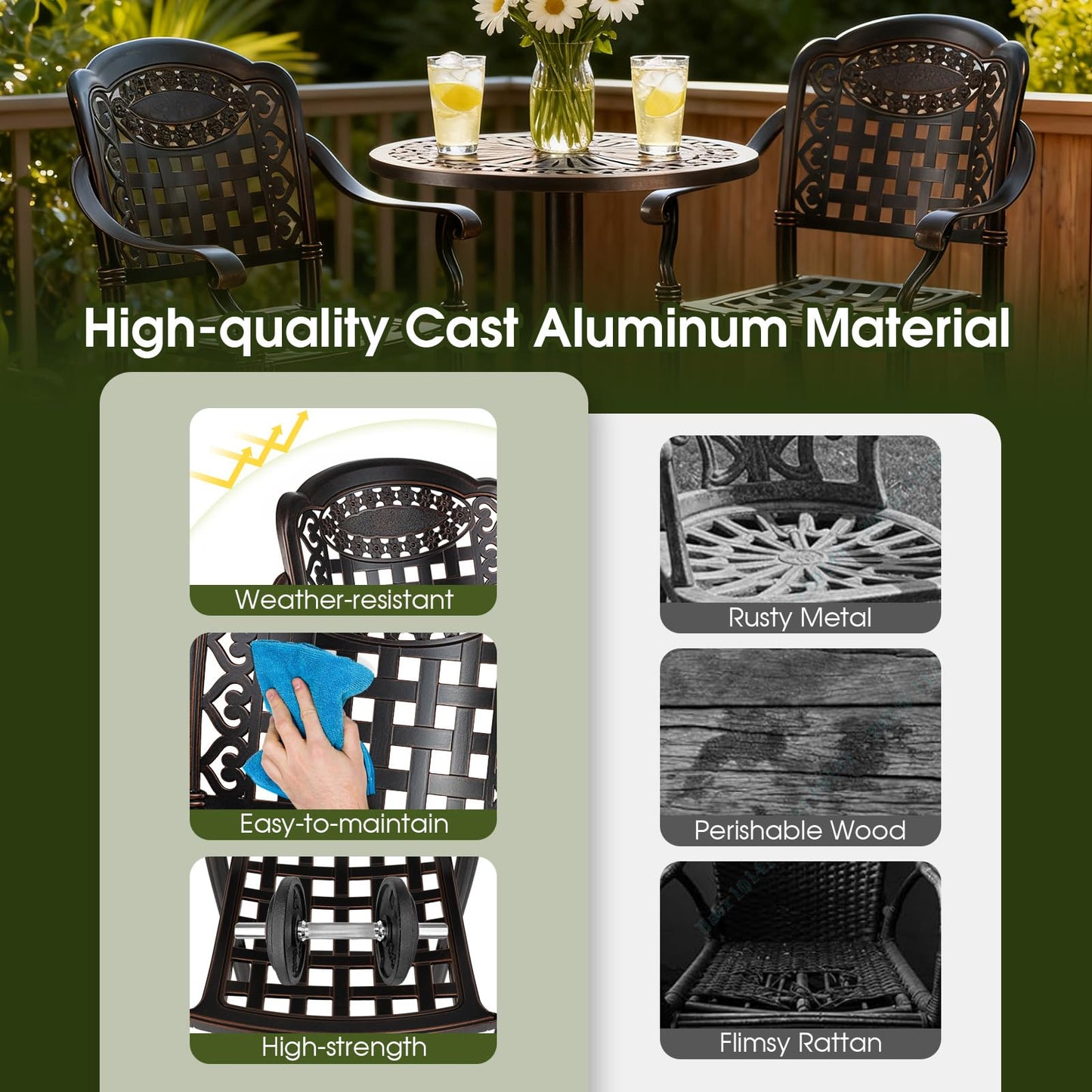Tangkula 3 Piece Patio Bar Set, Outdoor Cast Aluminum Round High Top Table & 2 Counter Height Bar Stools