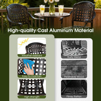 Tangkula 3 Piece Patio Bar Set, Outdoor Cast Aluminum Round High Top Table & 2 Counter Height Bar Stools