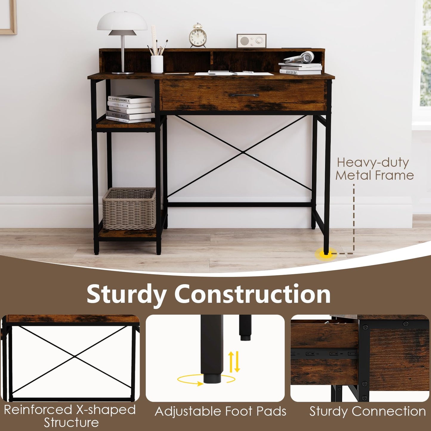 Tangkula Petit bureau d'ordinateur 42" avec prises de courant, étagère supérieure, tiroir et 2 étagères ouvertes