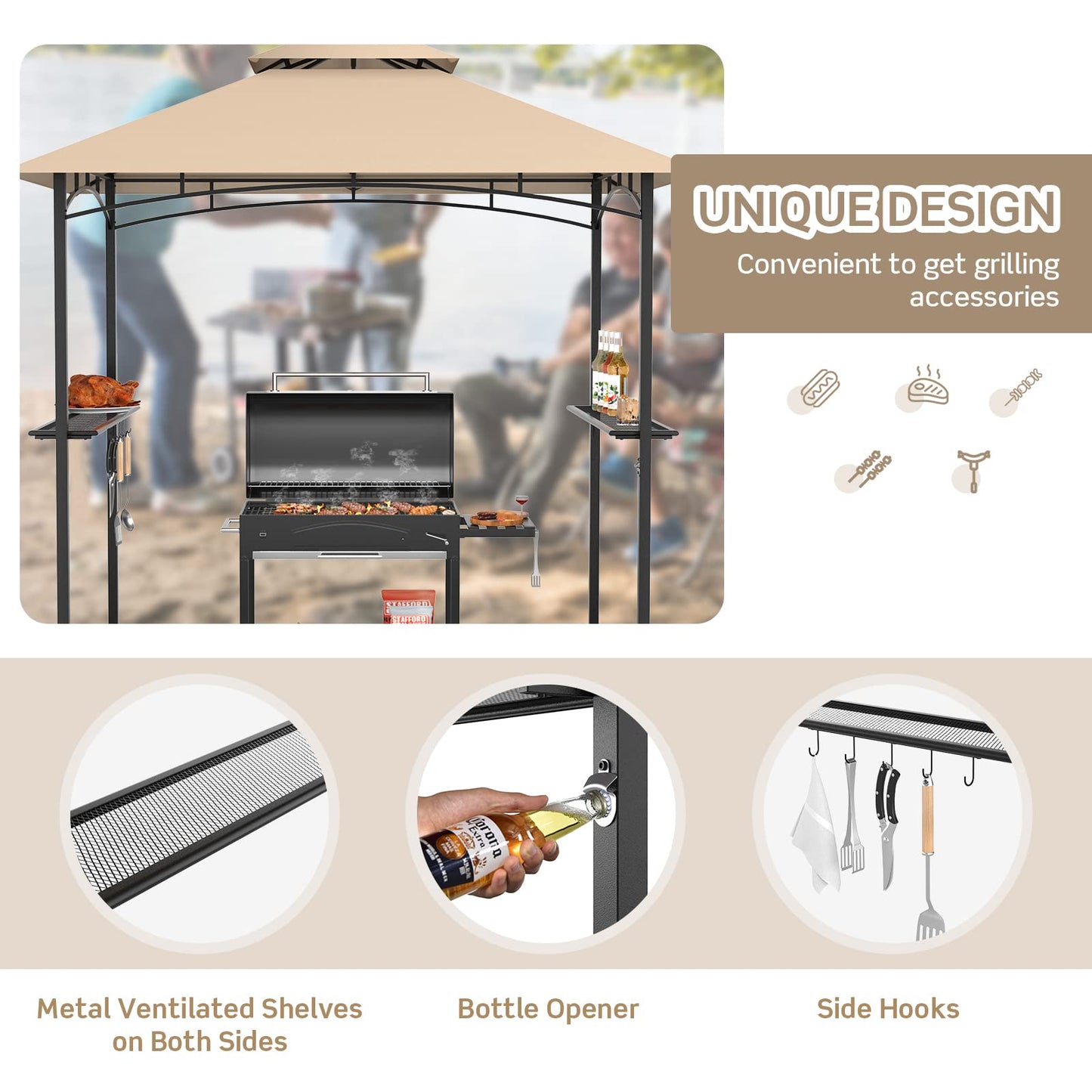 Tangkula 8x5 Ft Grill Gazebo, Double Tiered Outdoor BBQ Gazebo with 2 Side Shelves, 5 Hooks