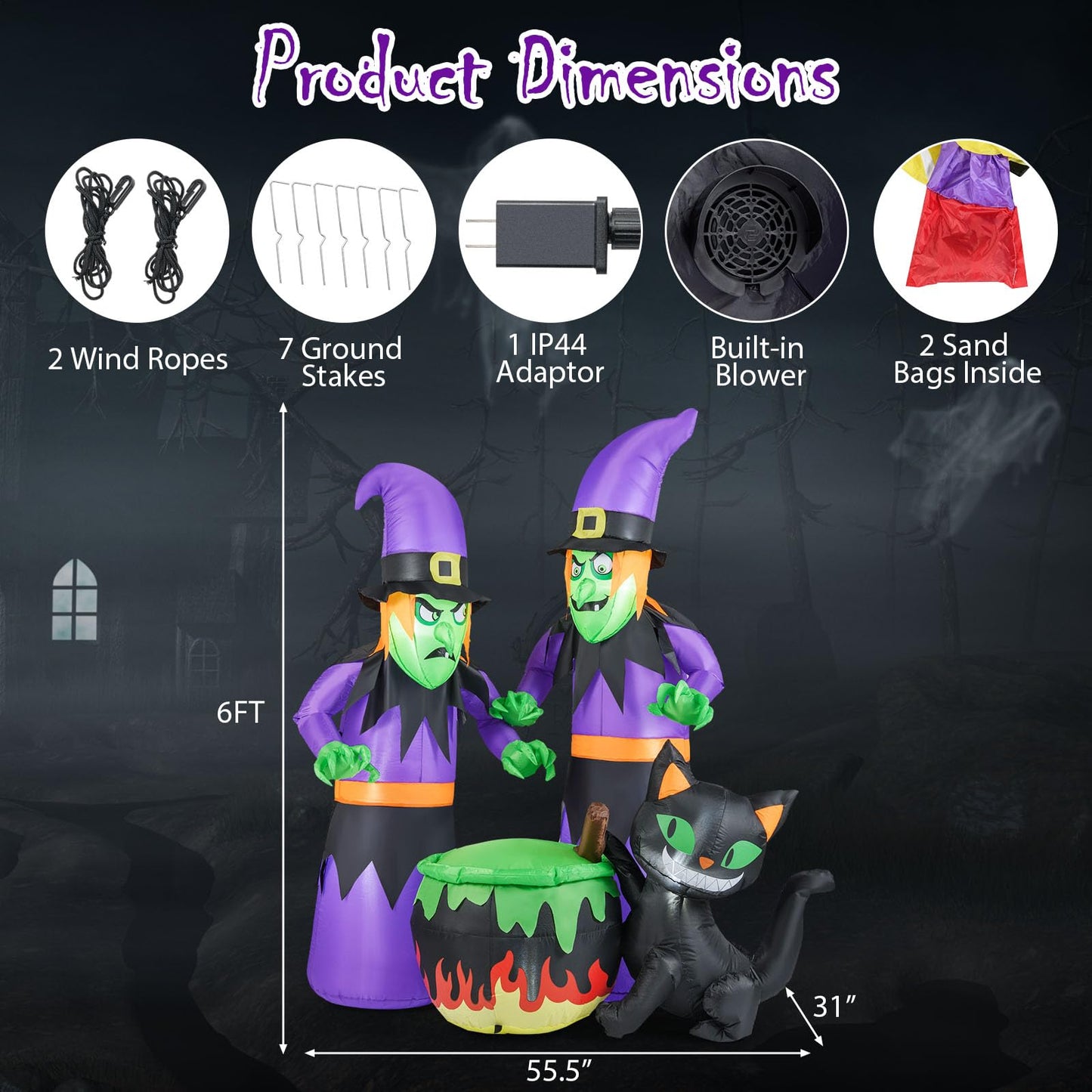 Tangkula Sorcières Gonflables d'Halloween de 6 Pi, 2 Décorations de Sorcières Effrayantes à Souffler avec Chaudron et Chat Noir