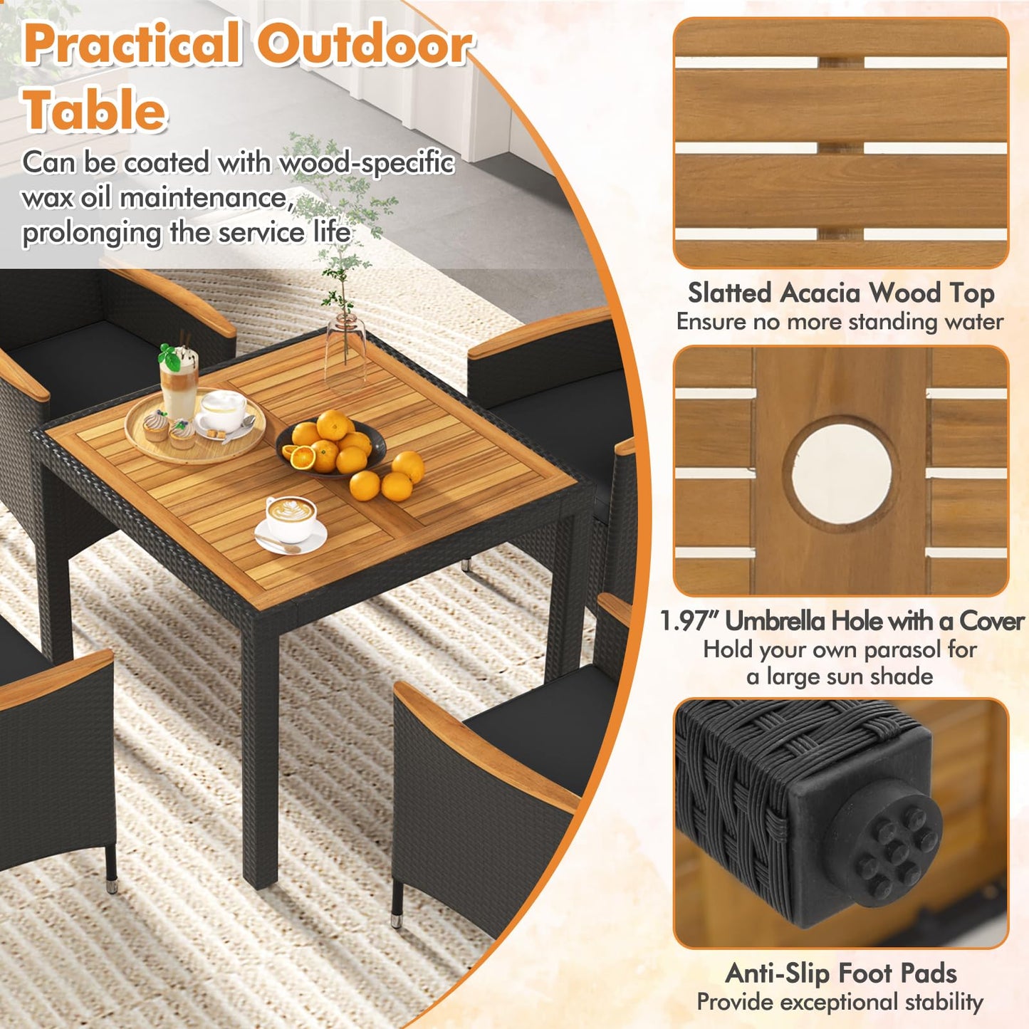 Tangkula 5 Pieces Patio Dining Table Set for 4 with Umbrella Hole