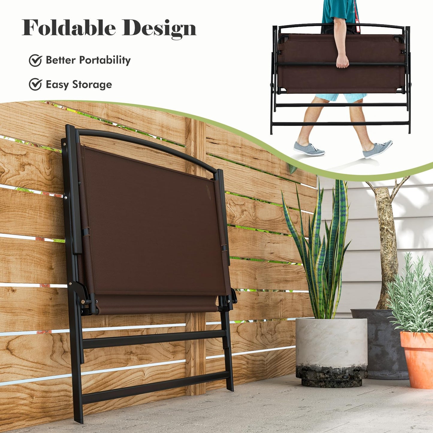 Tangkula Folding Outdoor Garden Bench, 2-Person Patio Bench with Backrest and Armrests