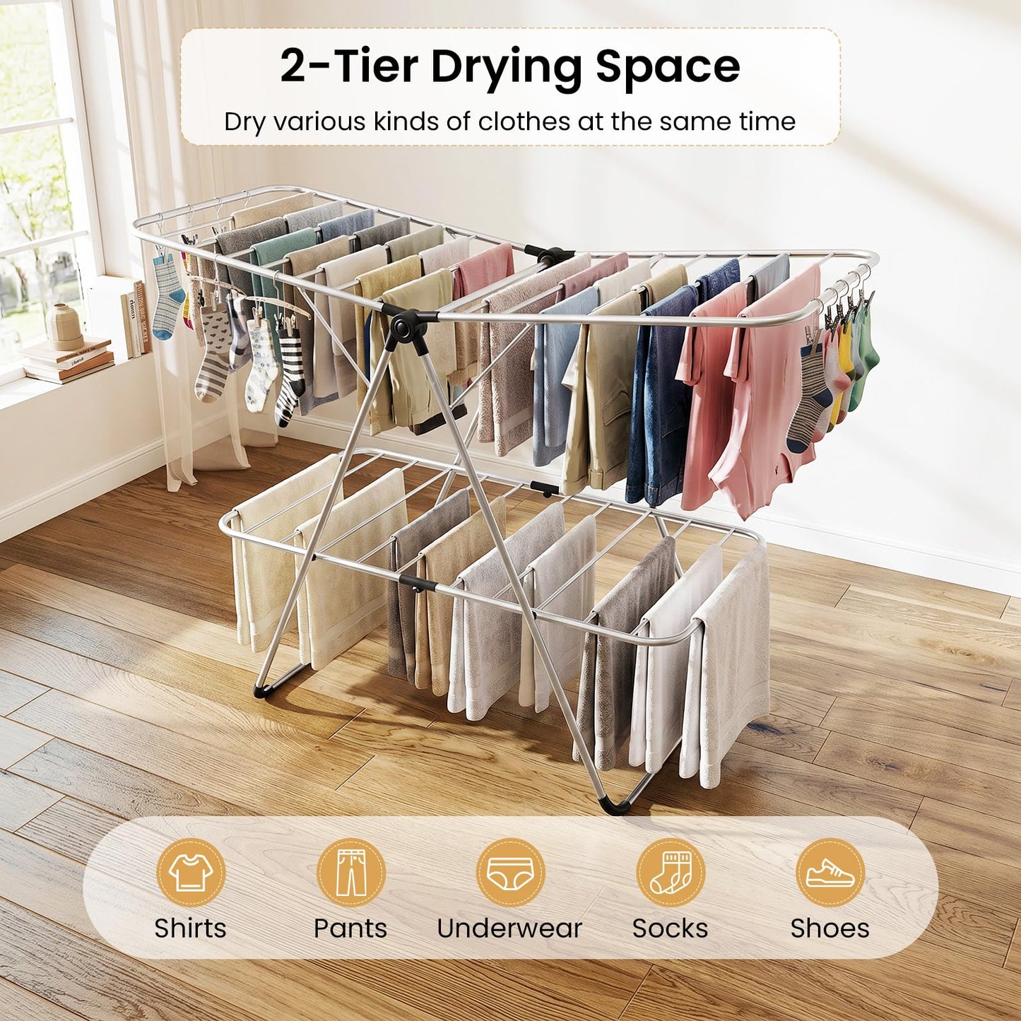 Tangkula 2-Level Heavy-Duty Aluminum Laundry Drying Rack Collapsible with Height-Adjustable Wings