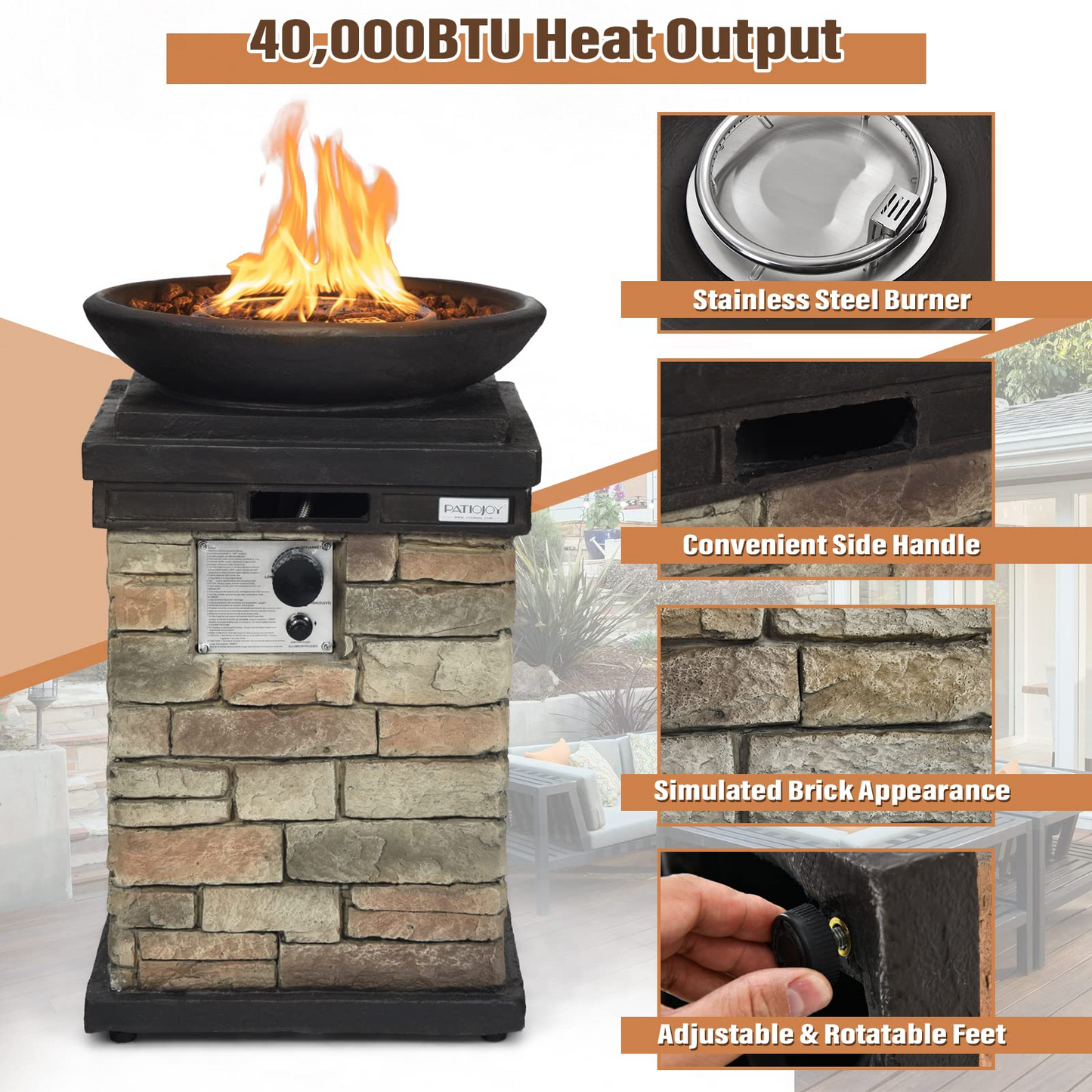 Tangkula Patio Propane Fire Bowl, Patiojoy 40,000BTU Square Fire Pit with Round Bowl, Lava Rocks & Waterproof Cover