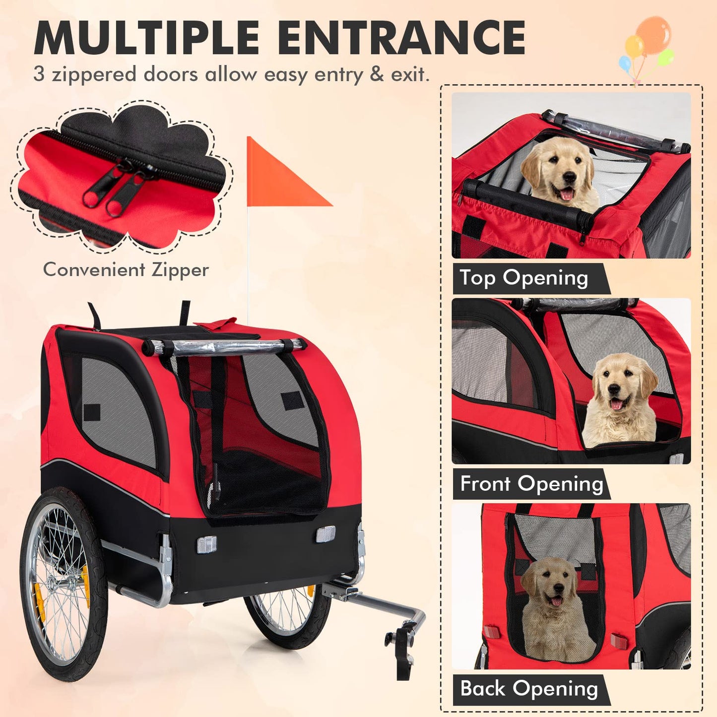 Tangkula Dog Bike Trailer, Breathable Mesh Dog Cart with 3 Entrances, Safety Flag