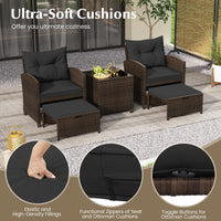 Tangkula 5 Piece Patio Rattan Furniture, Wicker Cushioned Chairs Set w/ 2 Ottomans & Tempered Glass Coffee Table