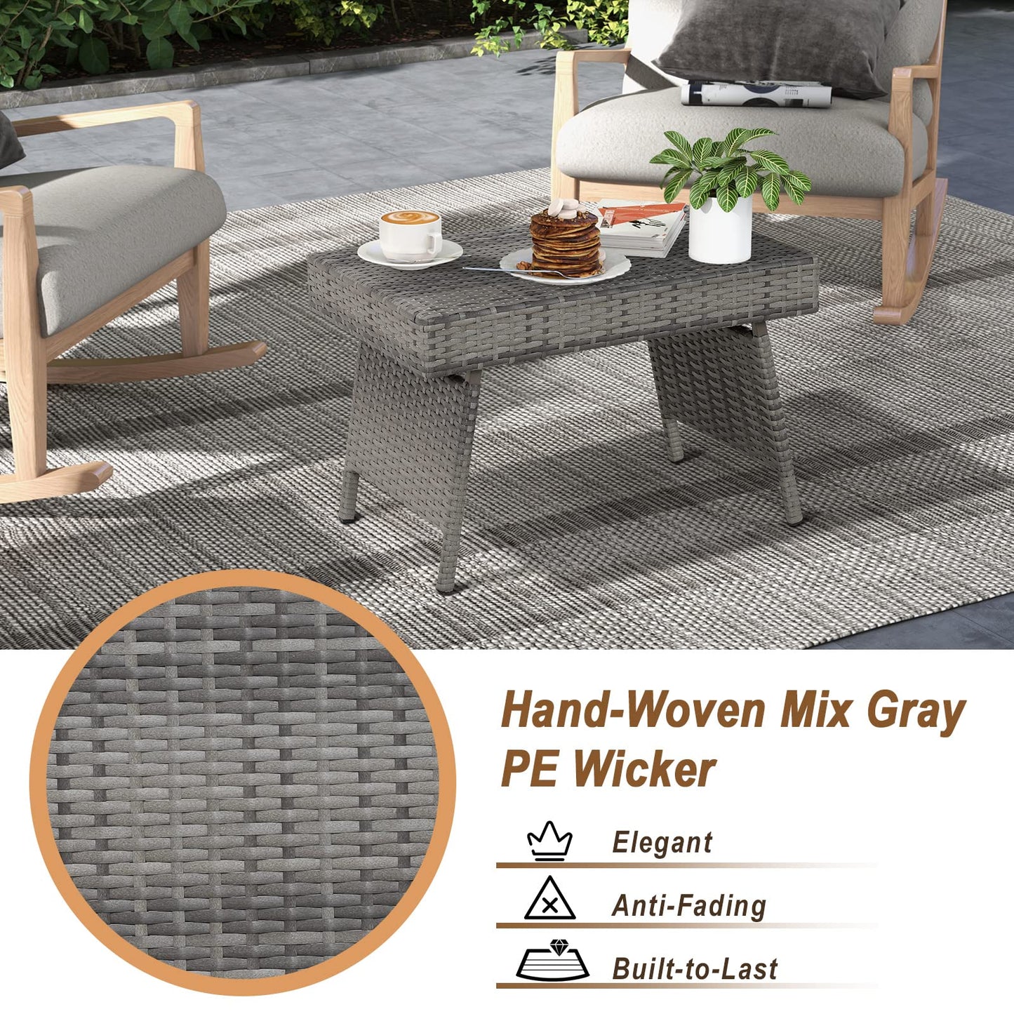 Outdoor Folding Rattan Side Table, Grey - Tangkula