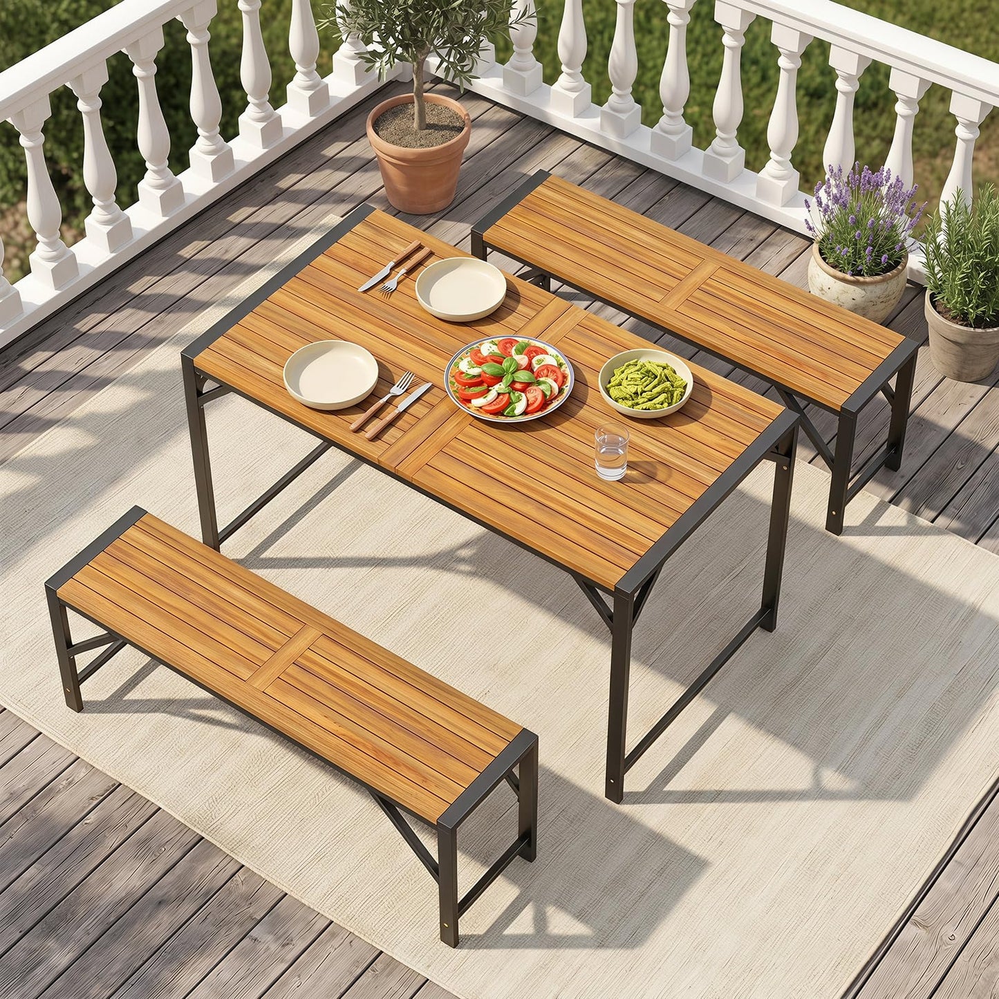 Tangkula Acacia Wood Outdoor Dining Table with 1.97” Umbrella Hole
