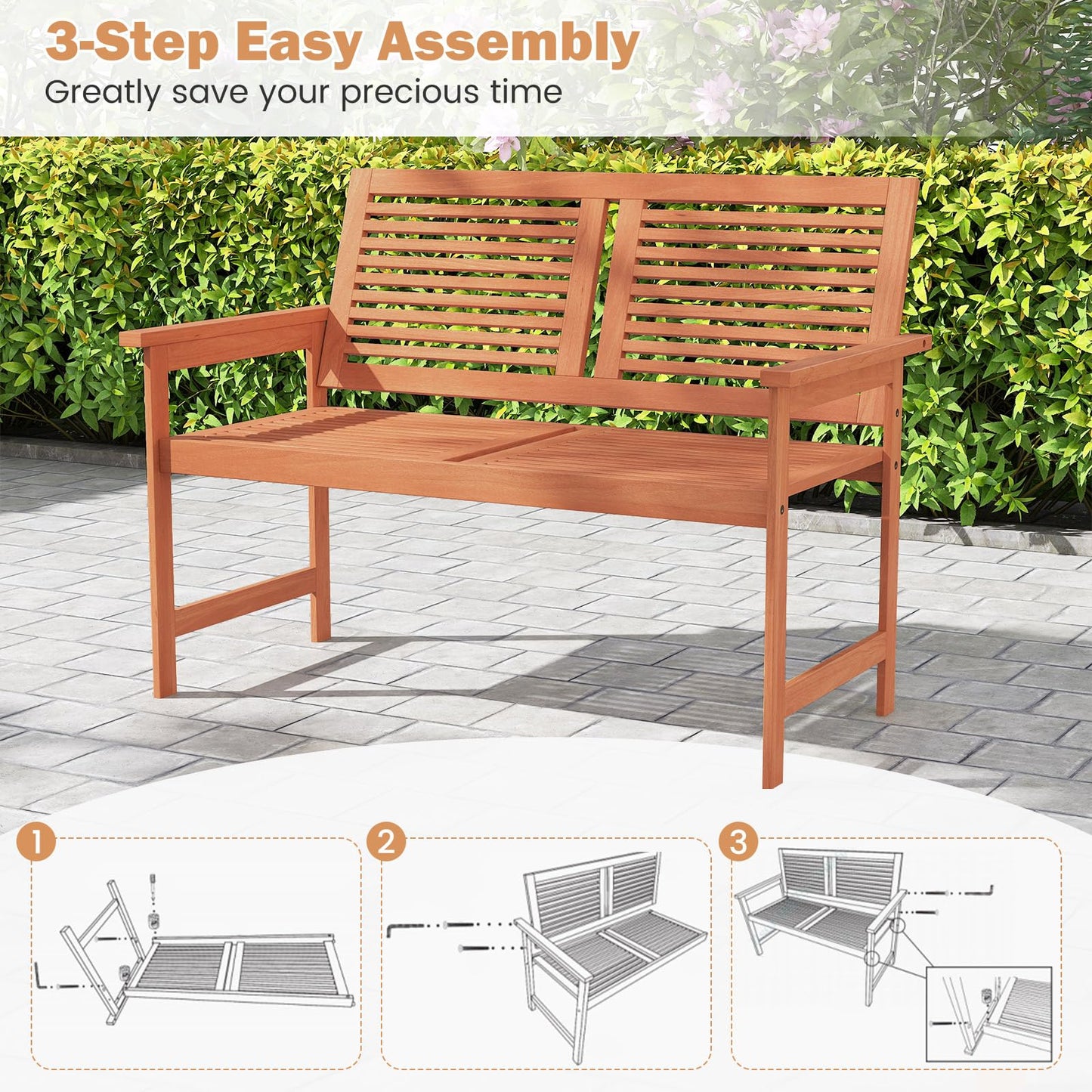 Tangkula Outdoor Wood Bench 2-Person Heavy Duty Patio Loveseat Chair