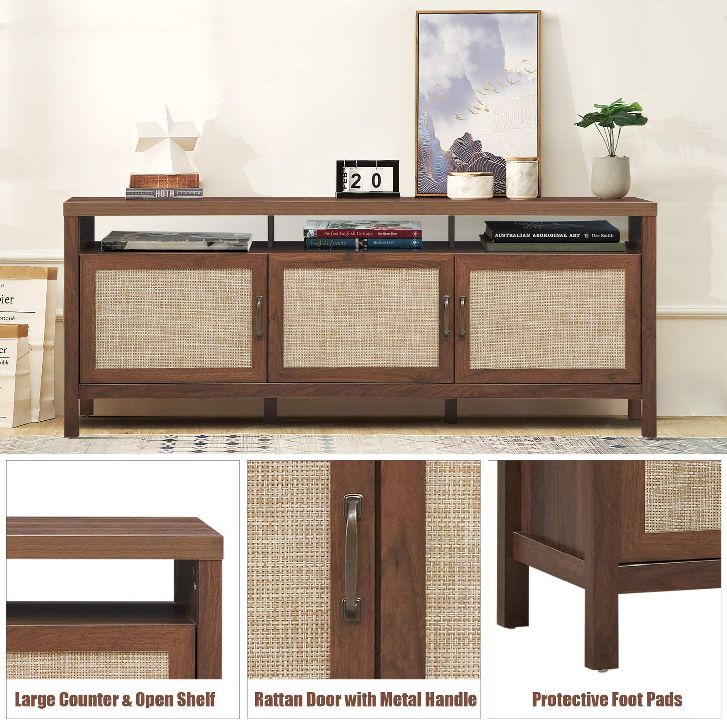 Tangkula Farmhouse Rattan TV Stand, 62 Inches Modern Boho Entertainment Center for TVs up to 65/70 Inches