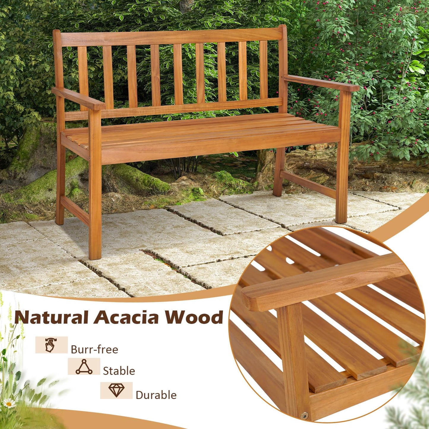 Tangkula Outdoor Acacia Wood Bench, 2-Person Garden Bench with Backrest and Armrests