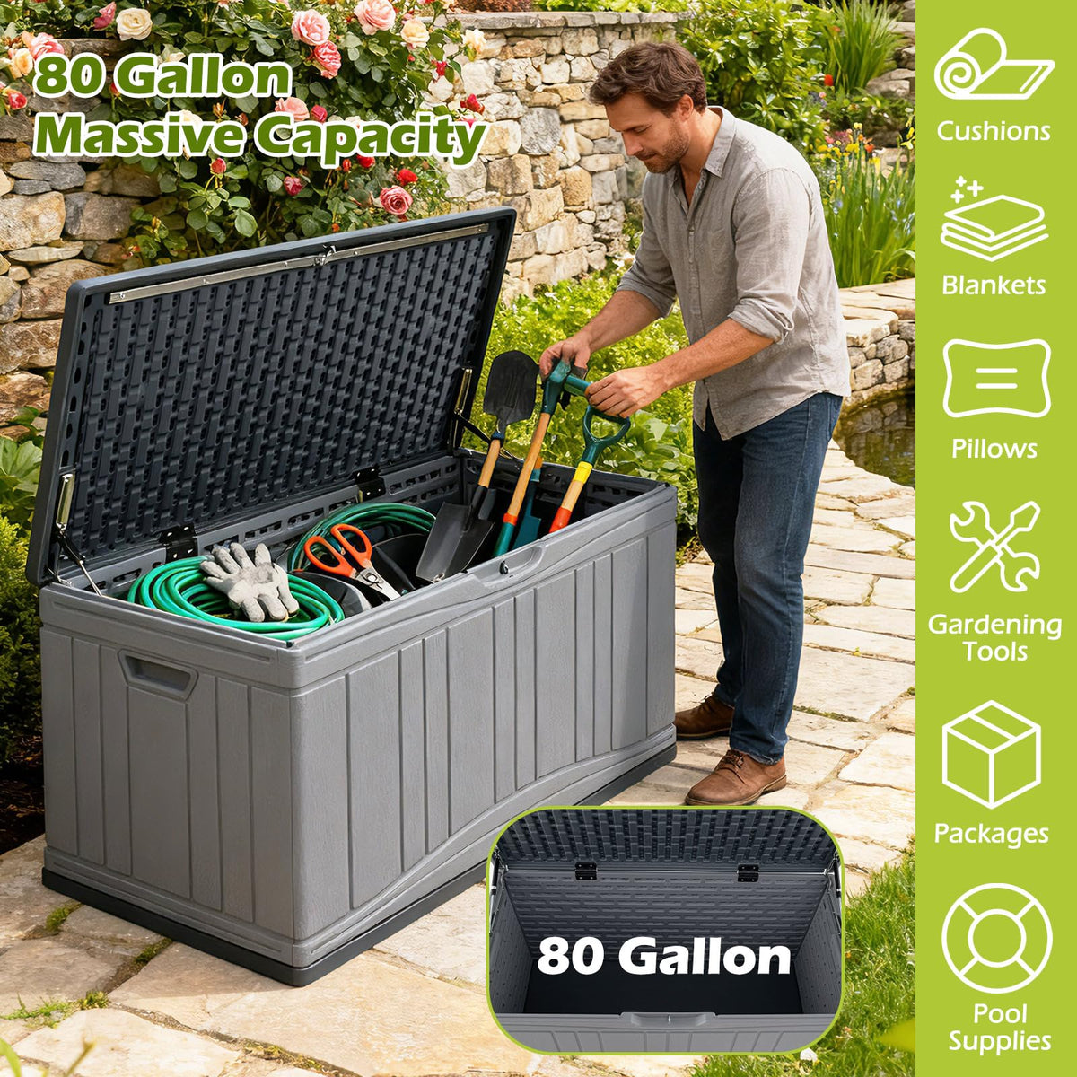 Boîte de Rangement Extérieure Tangkula 300 Litres avec Vérins à Gaz et Couvercle Verrouillable
