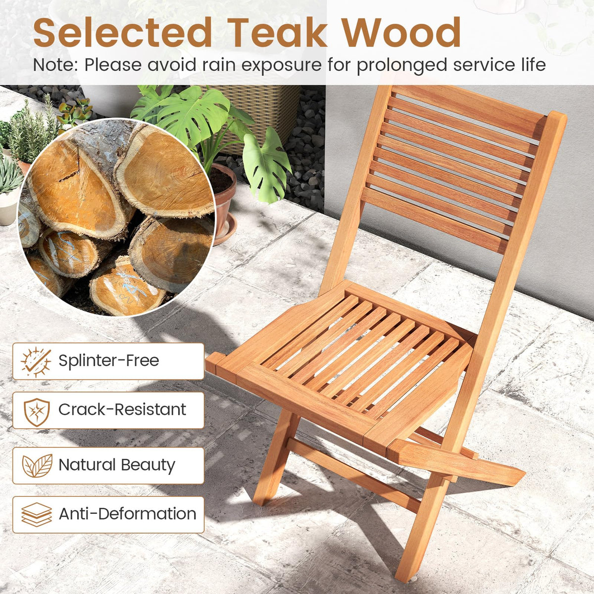 Tangkula Teak Wood Folding Patio Chairs Set of 2/4 ( Slatted Back )