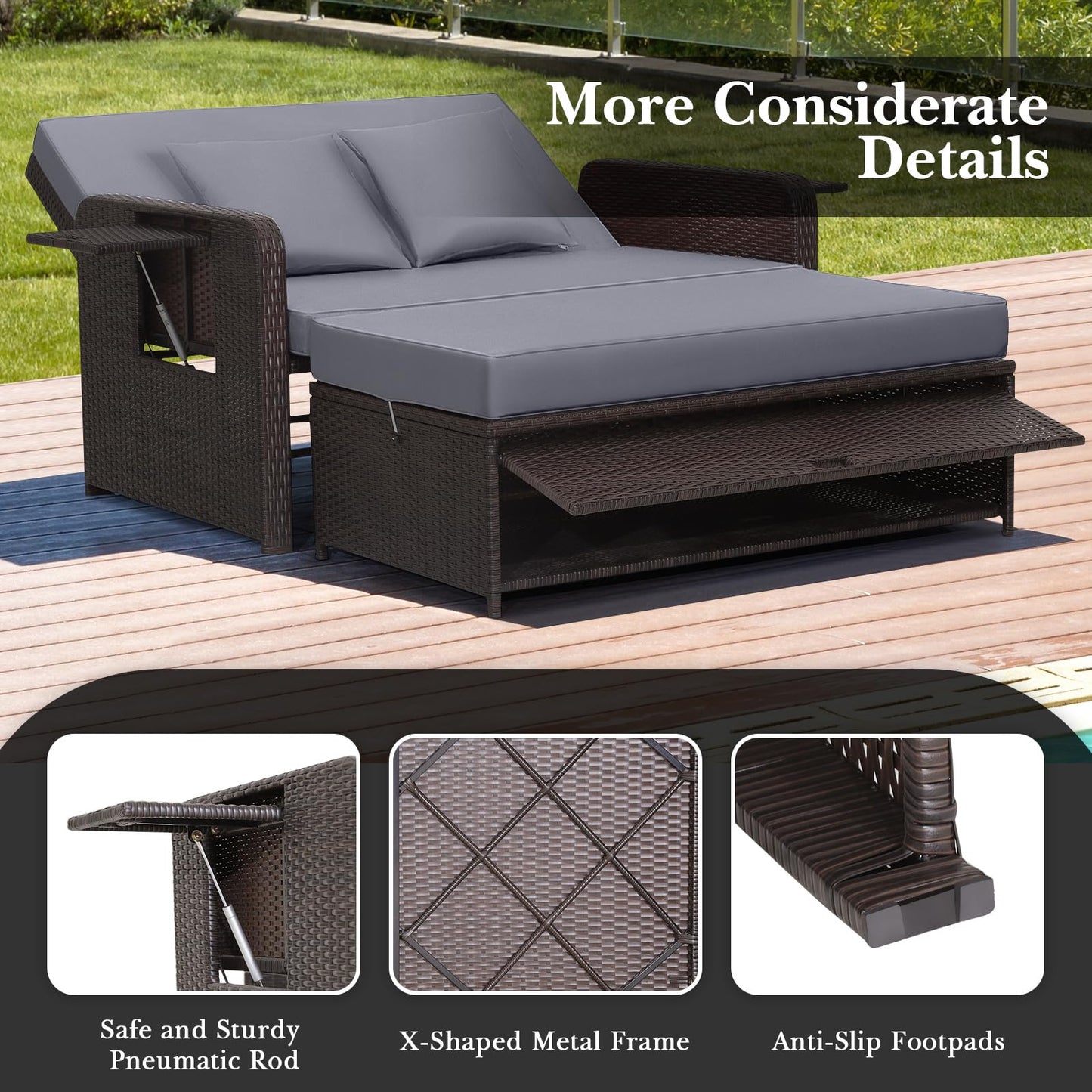 Outdoor PE Wicker Loveseat with Storage Ottoman & Folding Side Tray - Grey