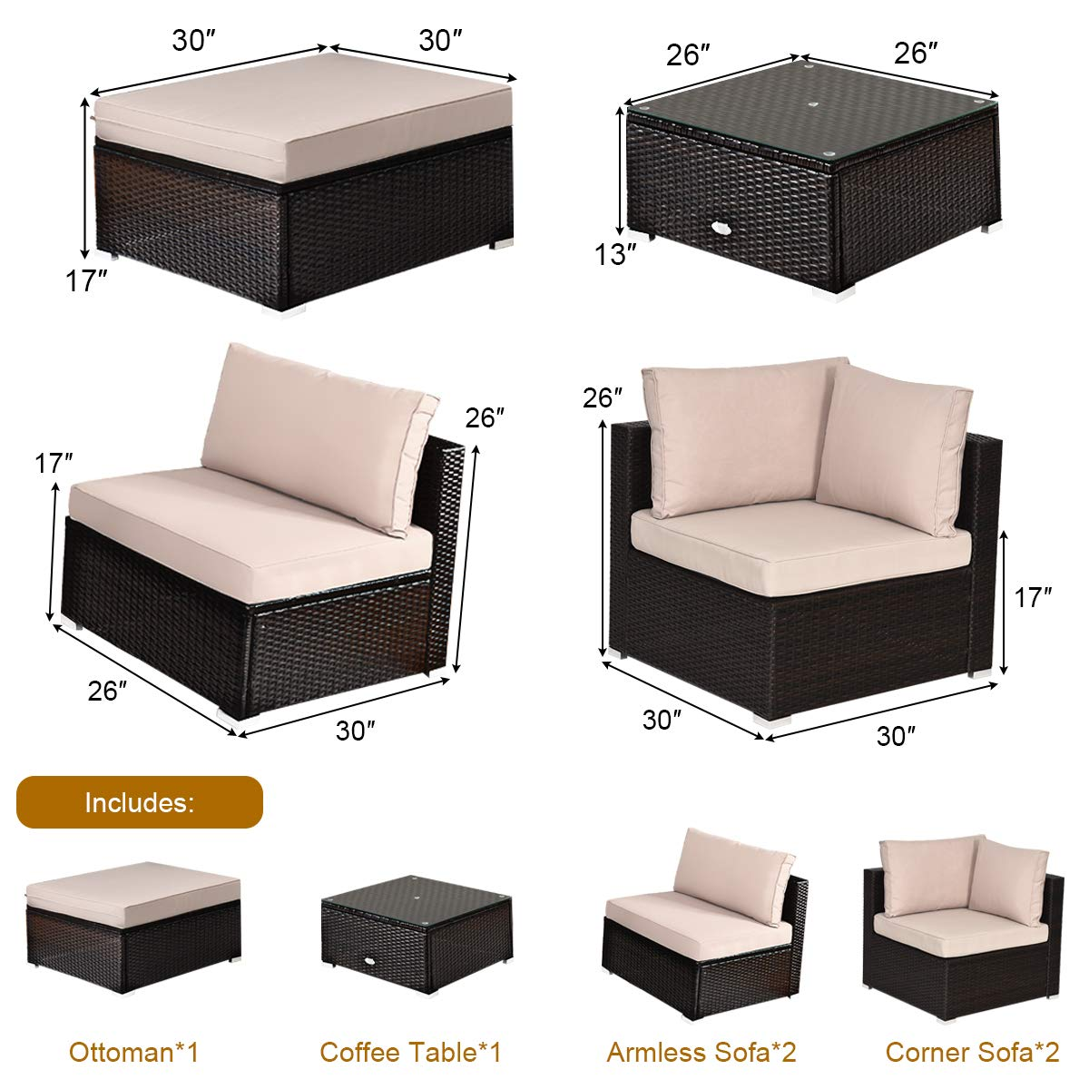 Tangkula 6 Piece Patio Furniture Set,Durable Steel Frame PE Rattan Wicker Sectional Sofa Set