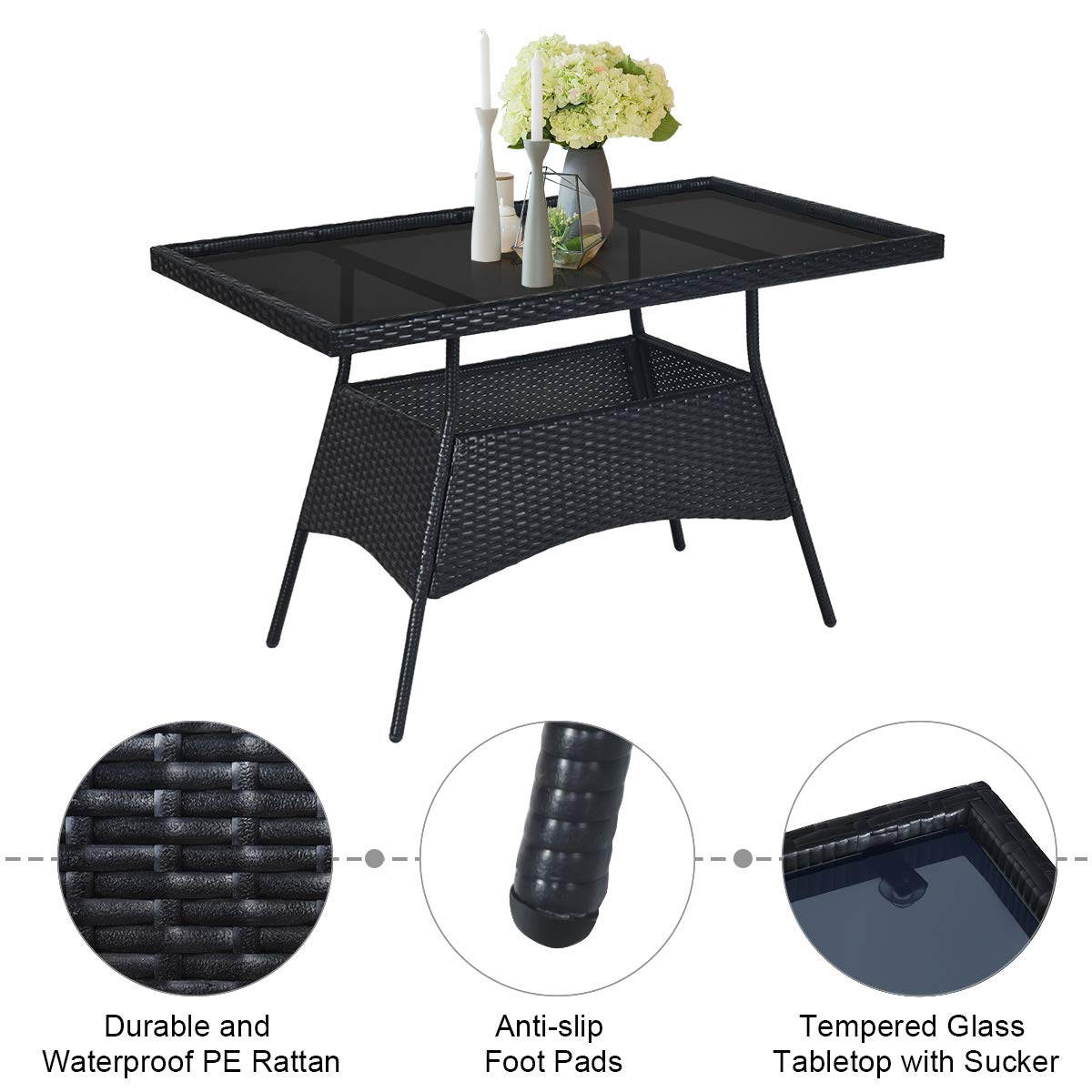 Tangkula 5 Piece Wicker Patio Dining Set with Tempered Glass Top & Padded Cushions