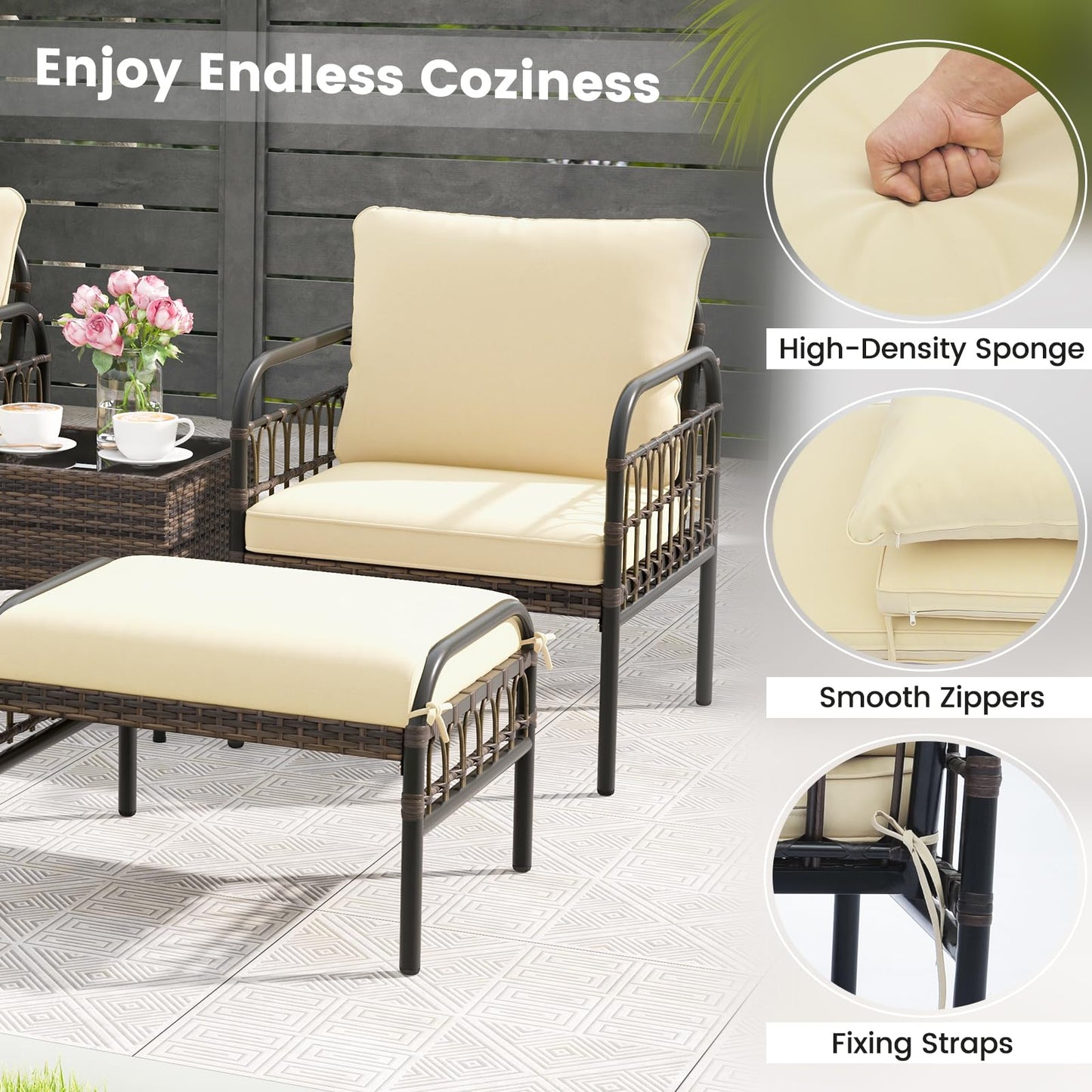 Tangkula 5 Piece Patio Conversation Set, Outdoor Wicker Chair Set w/Ottomans & Coffee Table