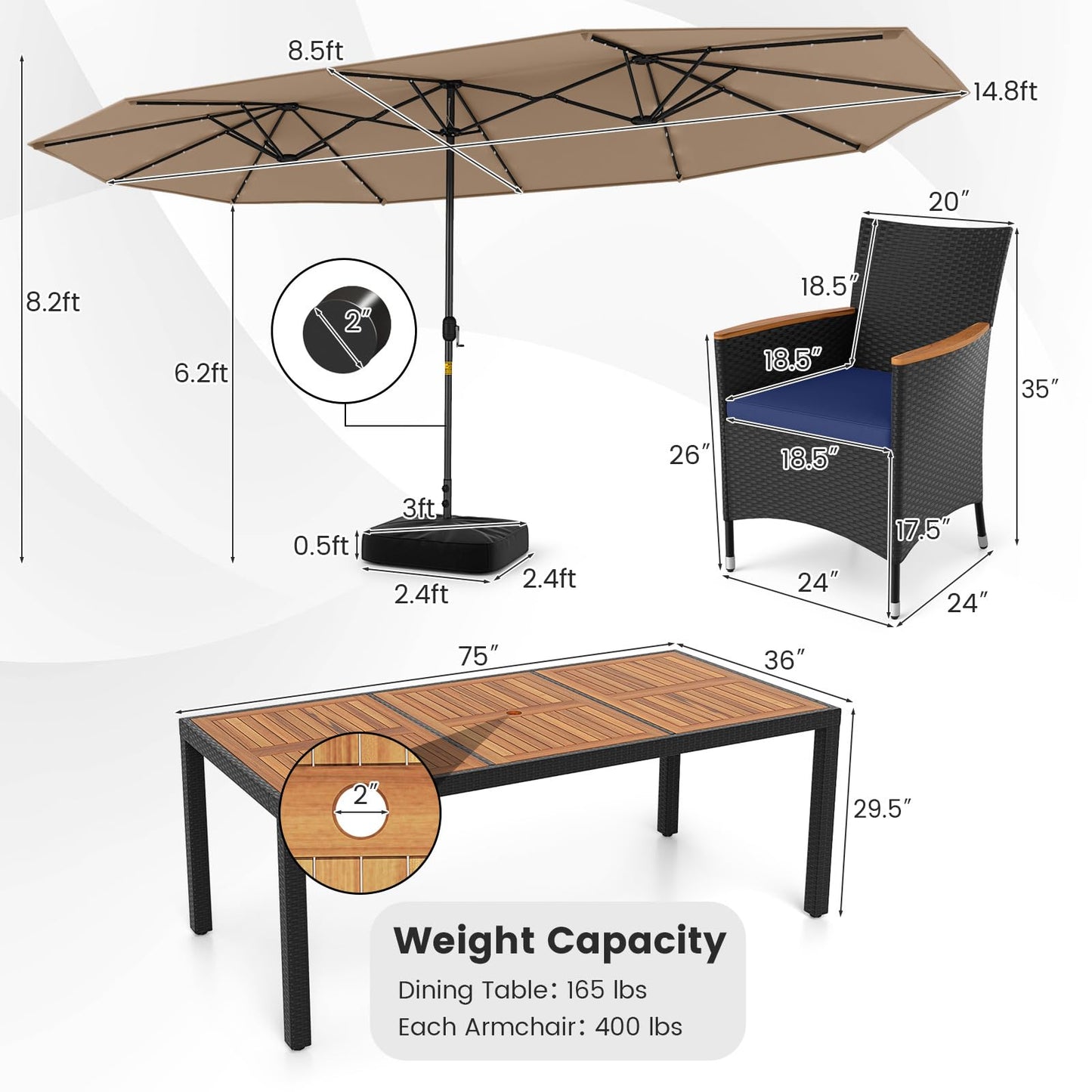 Tangkula 11 Pieces Patio Dining Set with Double-Sided Led Patio Umbrella