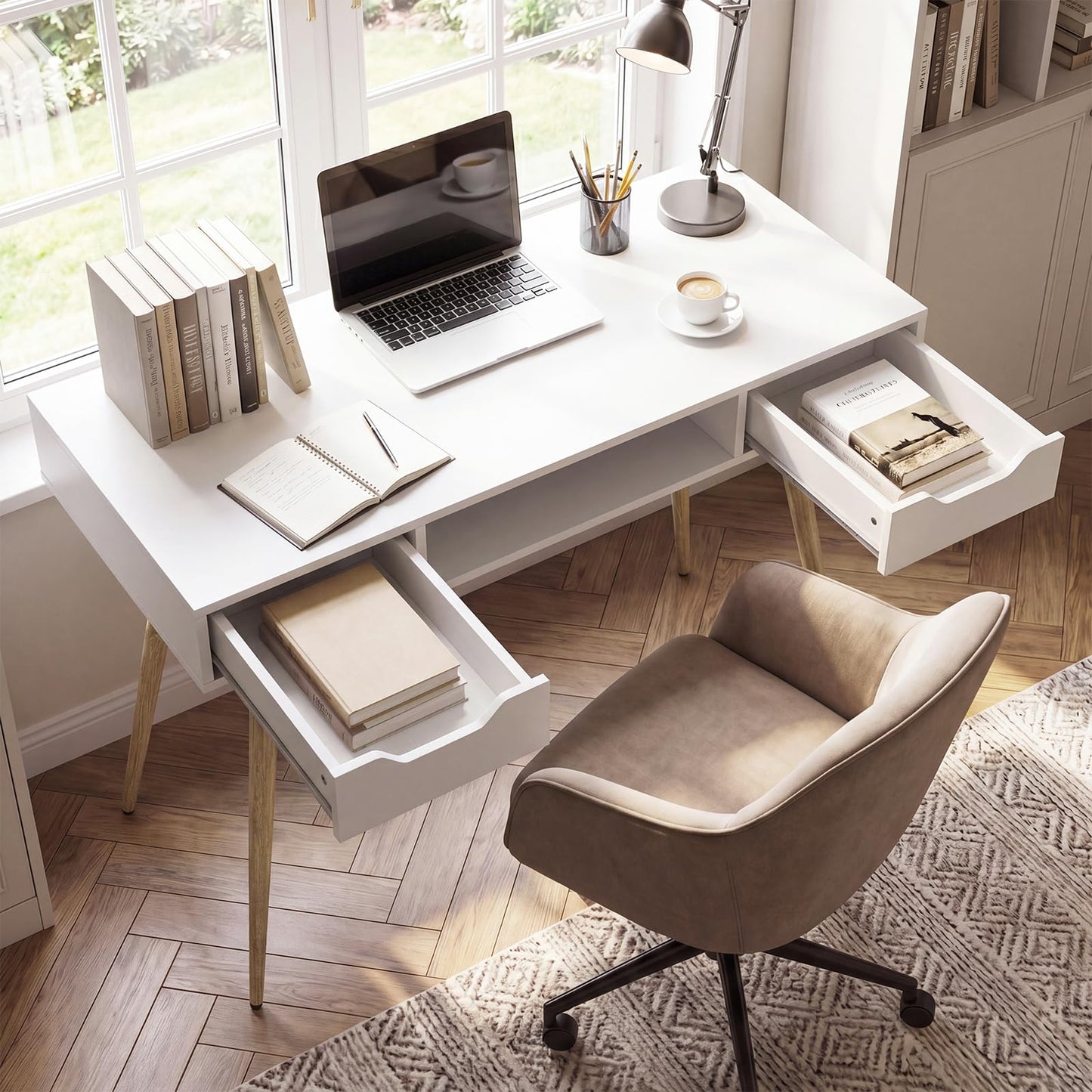 Tangkula Mid Century Modern Computer Desk with 2 Drawers & Open Center Storage