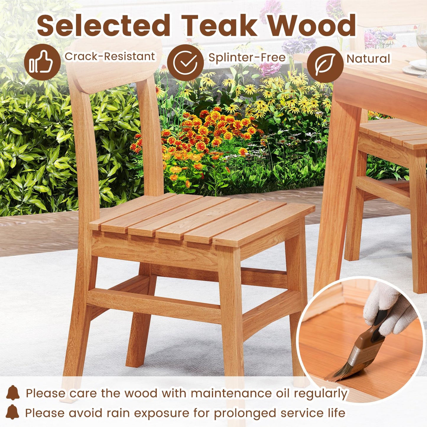 Tangkula Patio Teak Wood Chair Wooden Armless Dining Chair