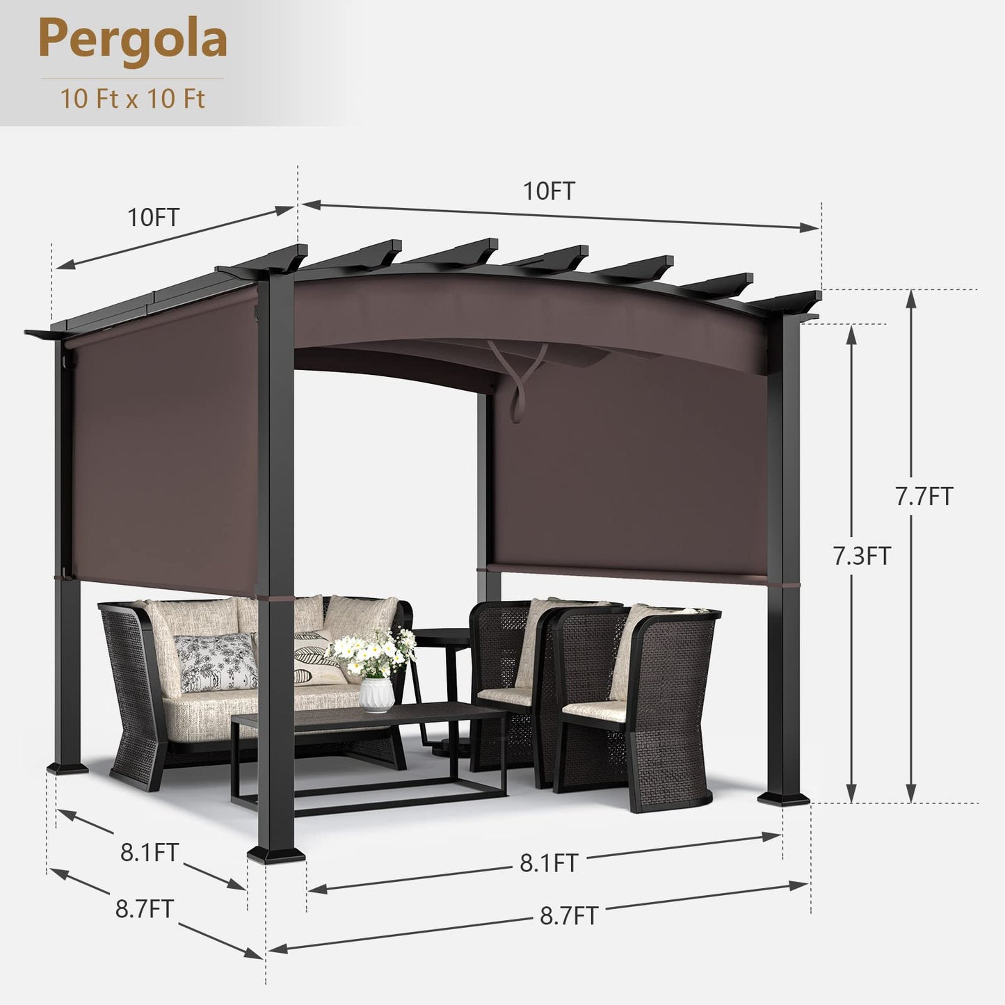 10ft x 10ft Outdoor Retractable Pergola, Patio Metal Pergola with Adjustable Sliding Sun Shade Canopy