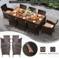 Tangkula 7 or 9 Piece Outdoor Dining Set, Patio Wicker Furniture Set with Acacia Wood Table Top w/Umbrella Hole