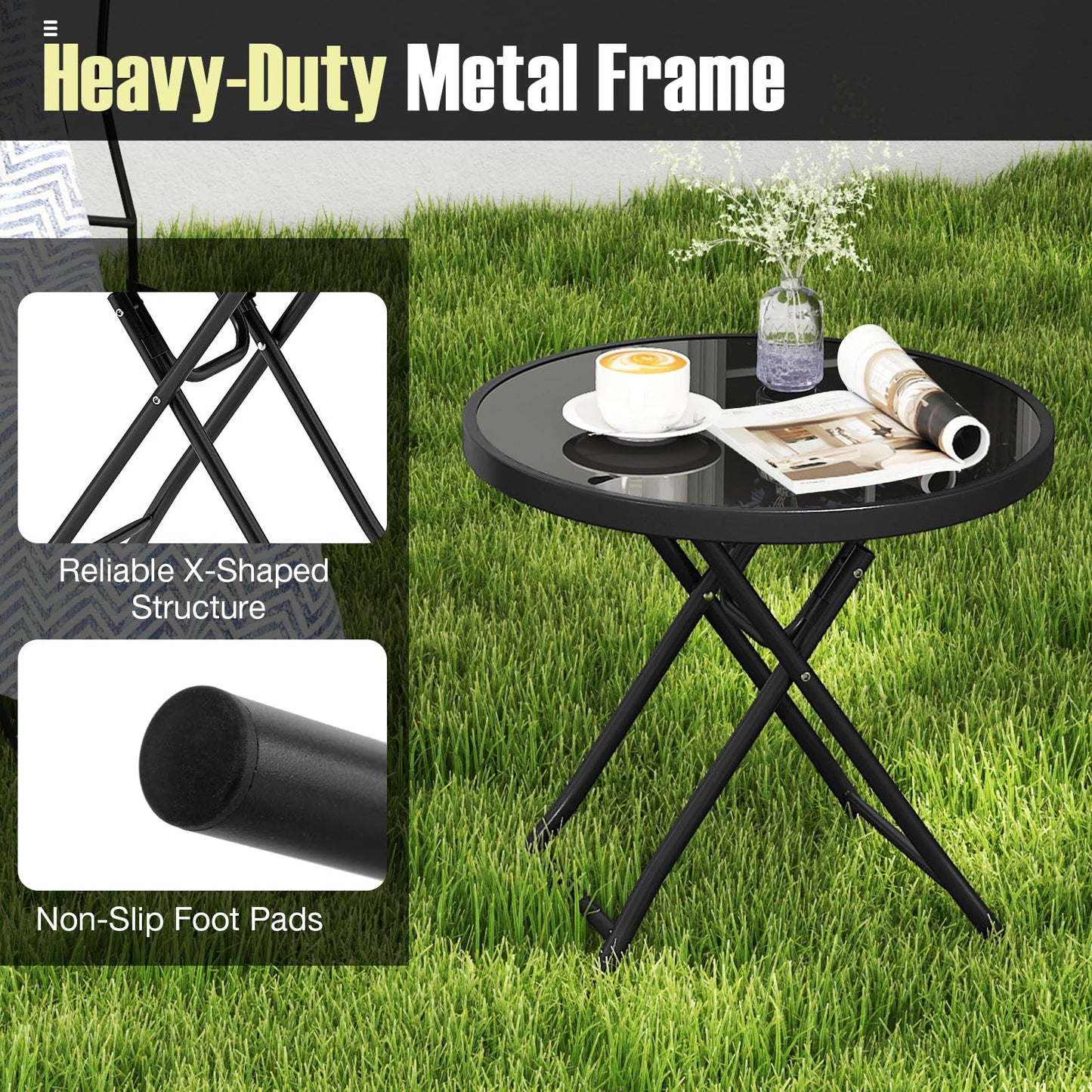 Table d'appoint pliante ronde Tangkula avec plateau en verre trempé et cadre en métal