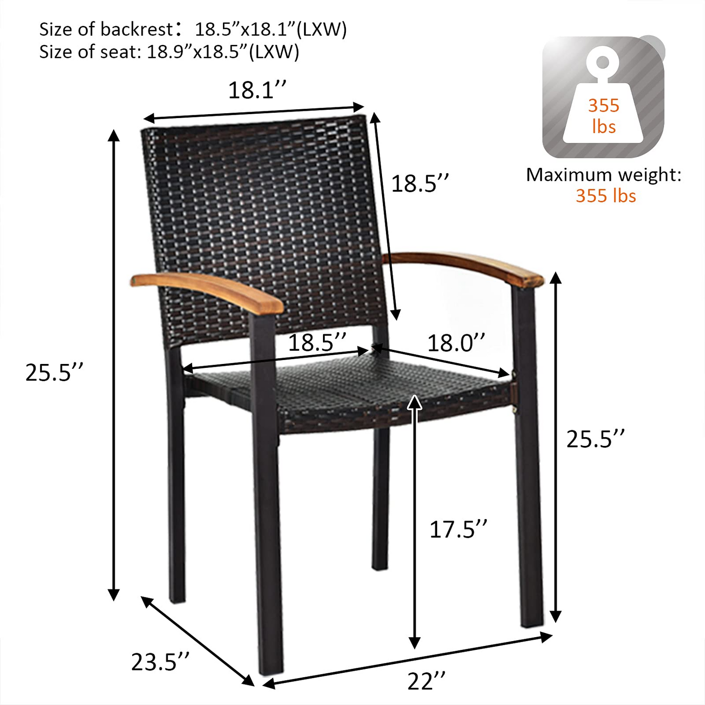 Tangkula 2 Pieces Stackable Patio Rattan Chair, Outdoor PE Wicker Dining Armchair W/Galvanized Steel Frame, Acacia-Topped Armrests