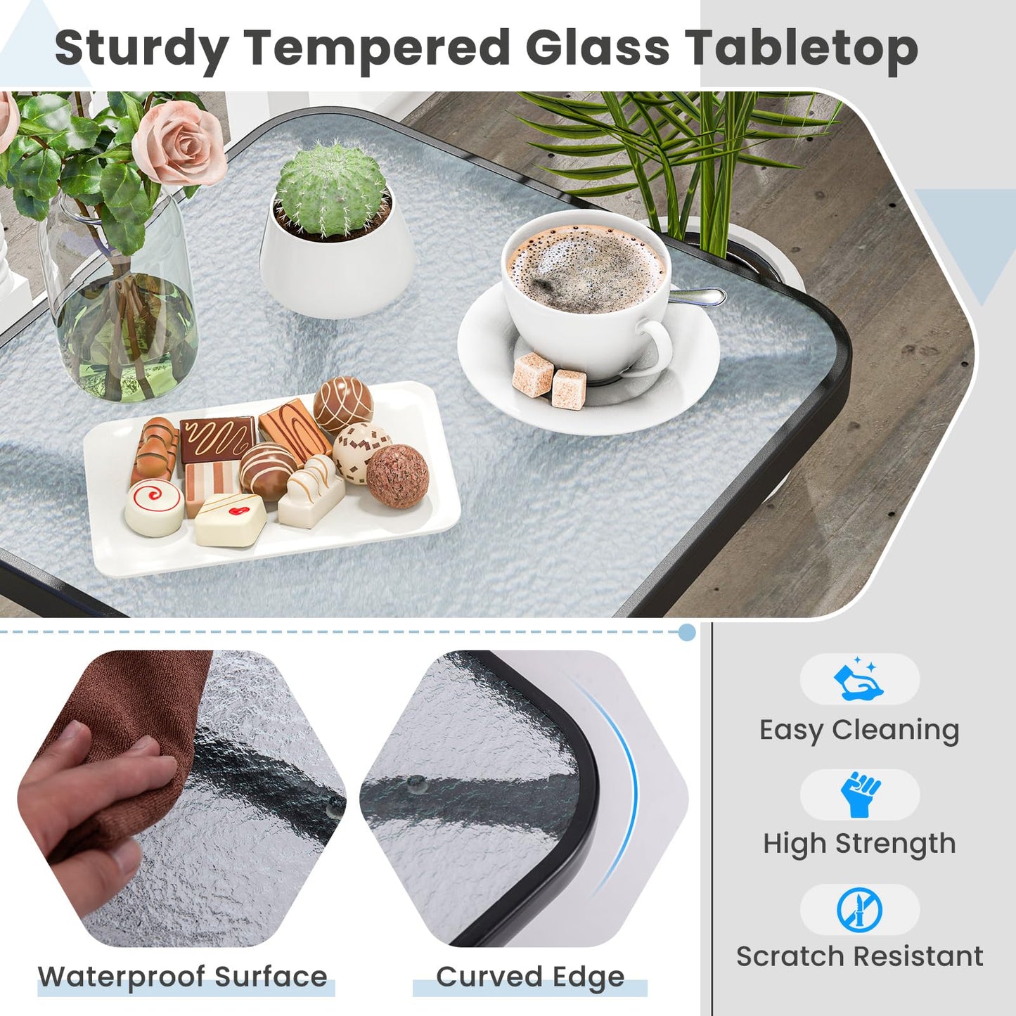 Outdoor Bistro Table, 20 Inches Patio Side Table with Tempered Glass