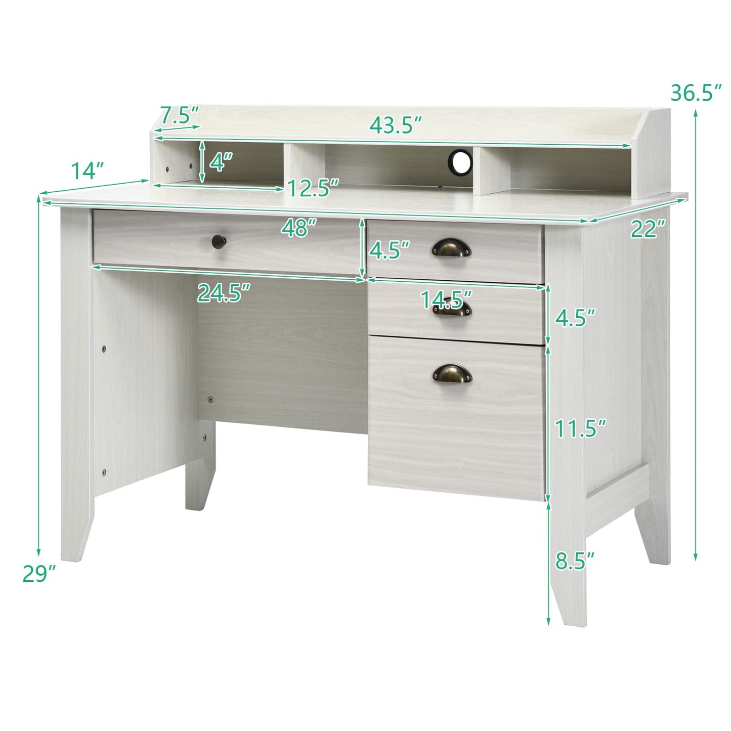 Tangkula 48" Computer Desk with 4 Storage Drawers & Hutch, Home Office Desk Vintage Desk