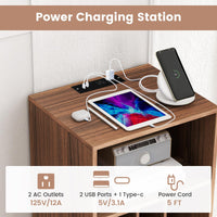 Tangkula Record Player Stand with Charging Station, Turntable Stand with Metal Legs, Vinyl Record Storage Cabinet
